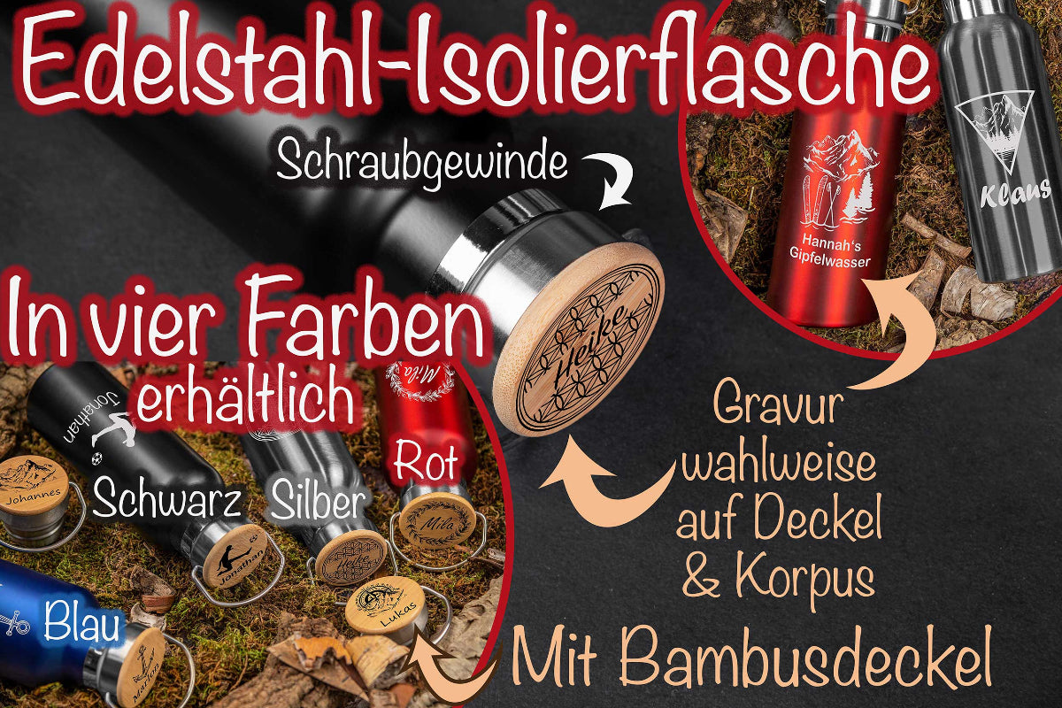 Personalisierte Edelstahl Trinkflasche mit Namen und Bambusdeckel