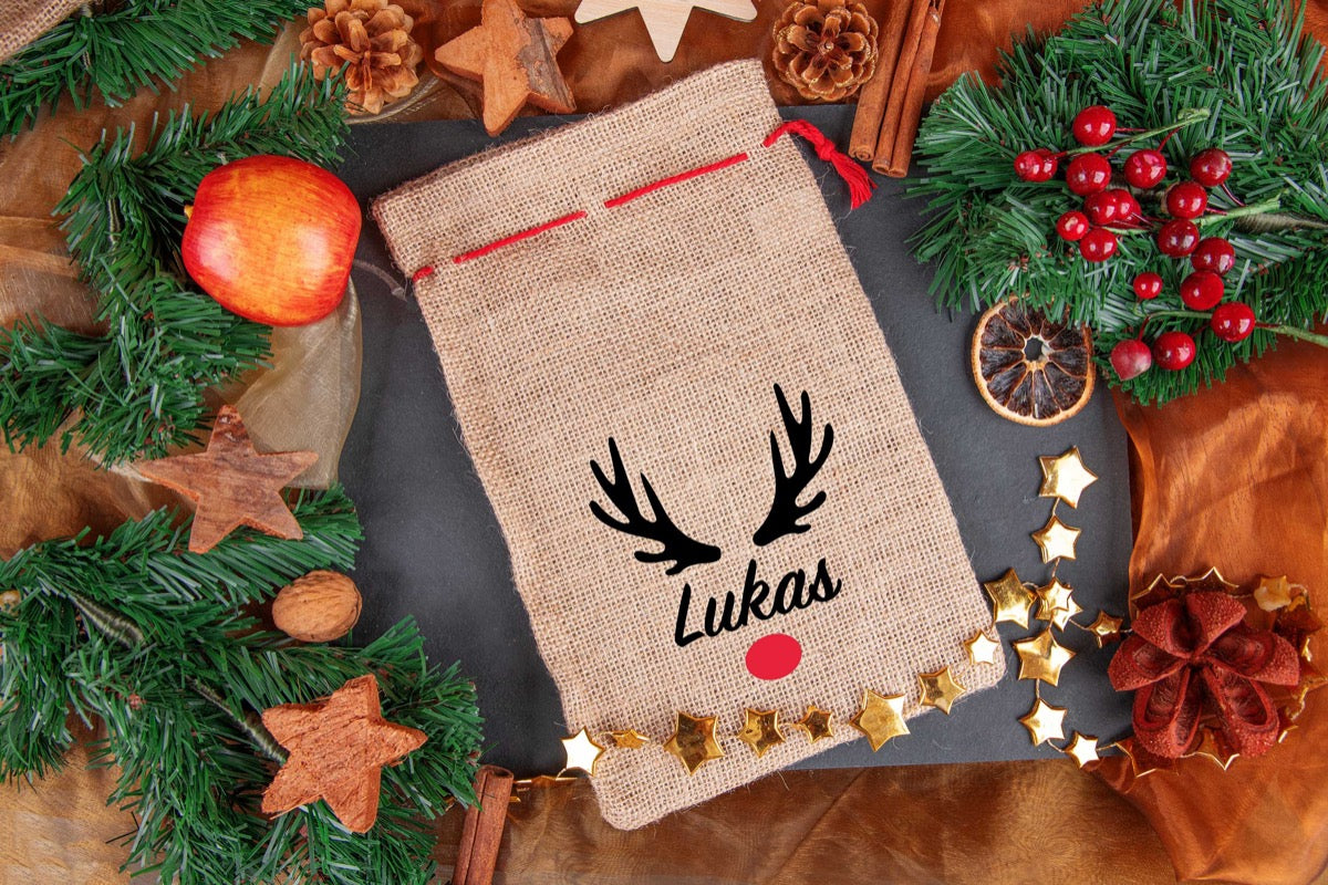 Personalisiertes Geschenksäckchen mit Namen aus Jute passend zu Nikolaus