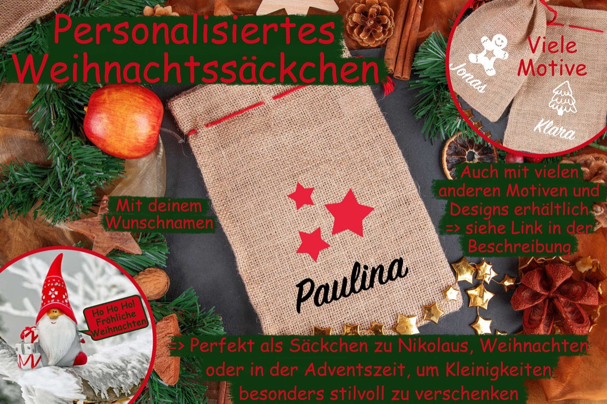 Personalisiertes Weihnachtssäckchen mit Namen aus Jute mit Sternen