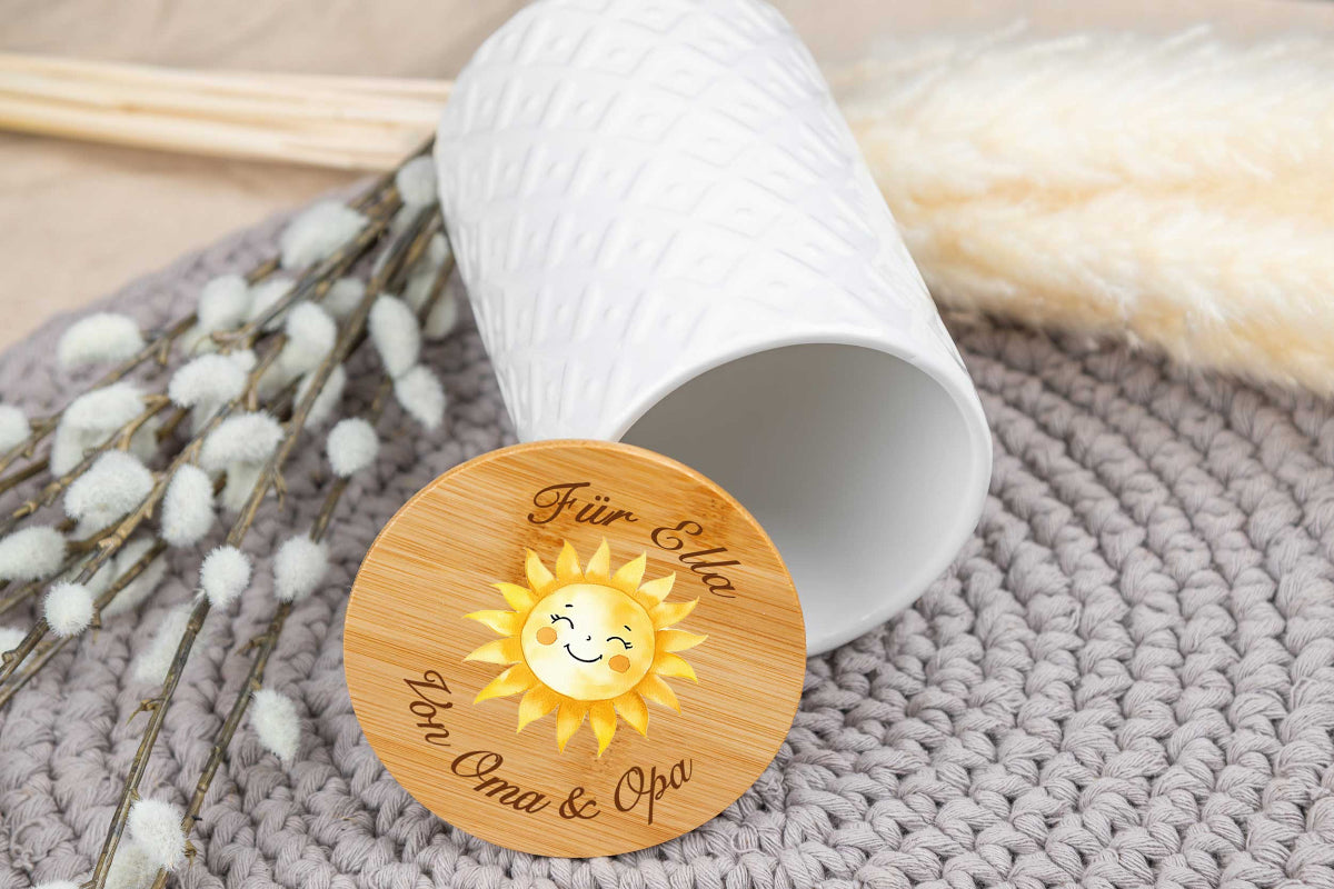 Keramikdose personalisiert mit Name und Holzdeckel - Vorratsglas, Keksdose