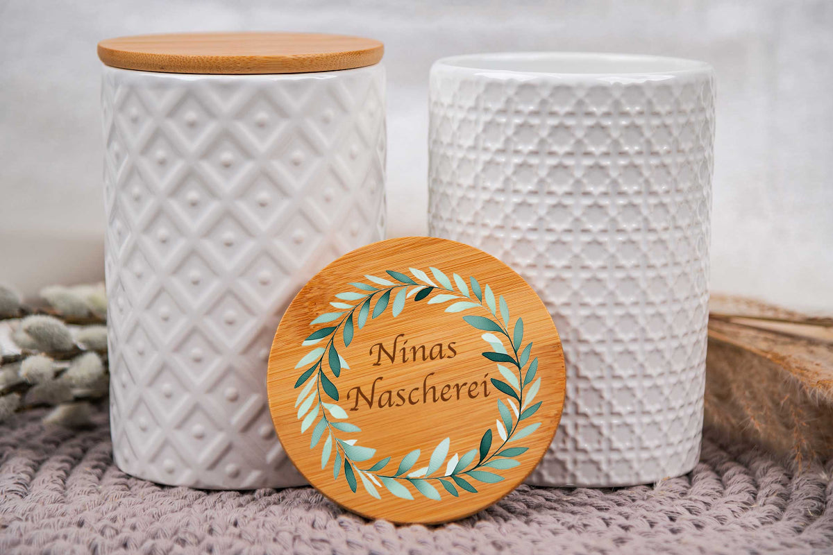 Keramikdose personalisiert mit Name und Holzdeckel - Vorratsglas, Keksdose