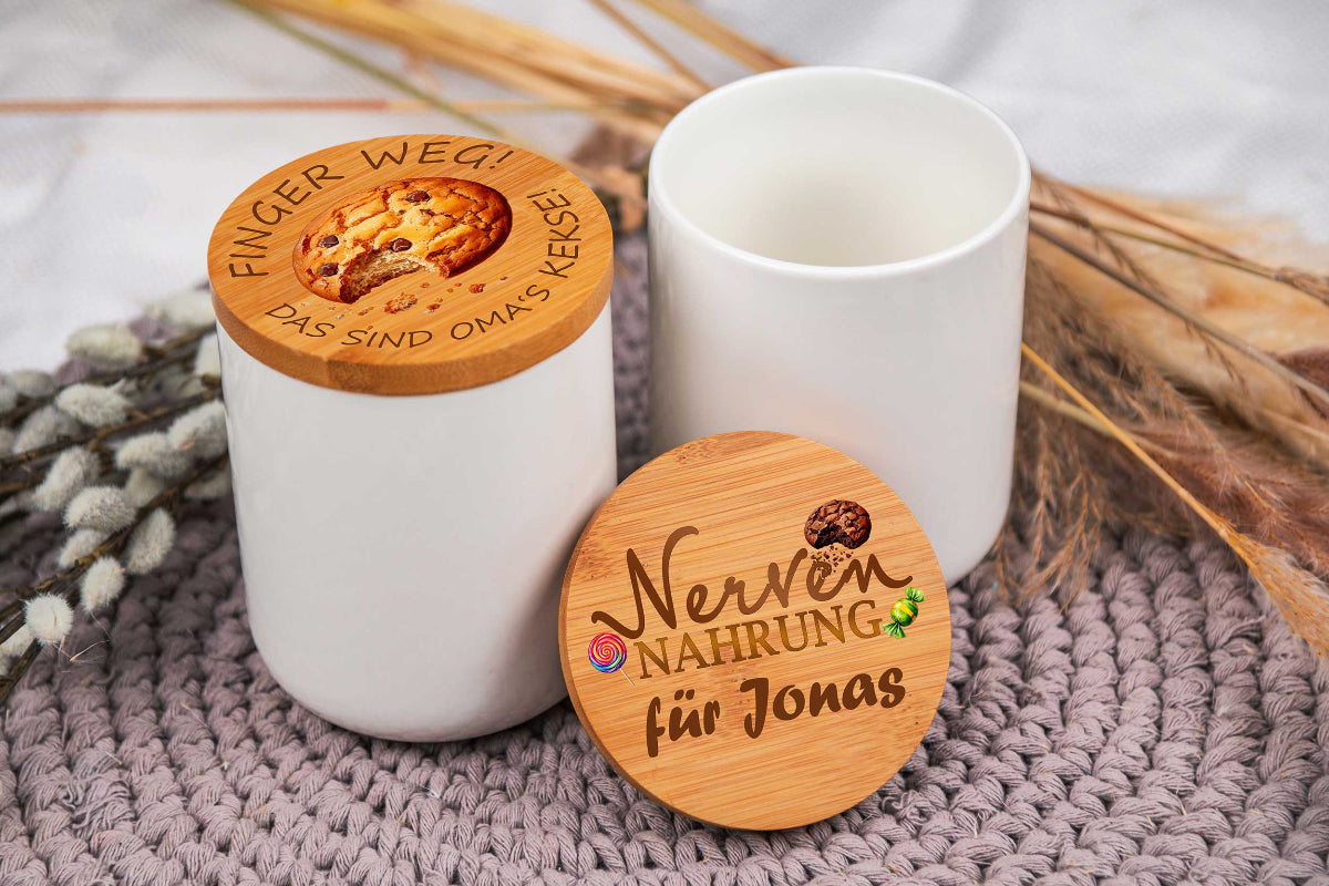 Keramikdose personalisiert mit Name und Holzdeckel - Vorratsglas, Keksdose