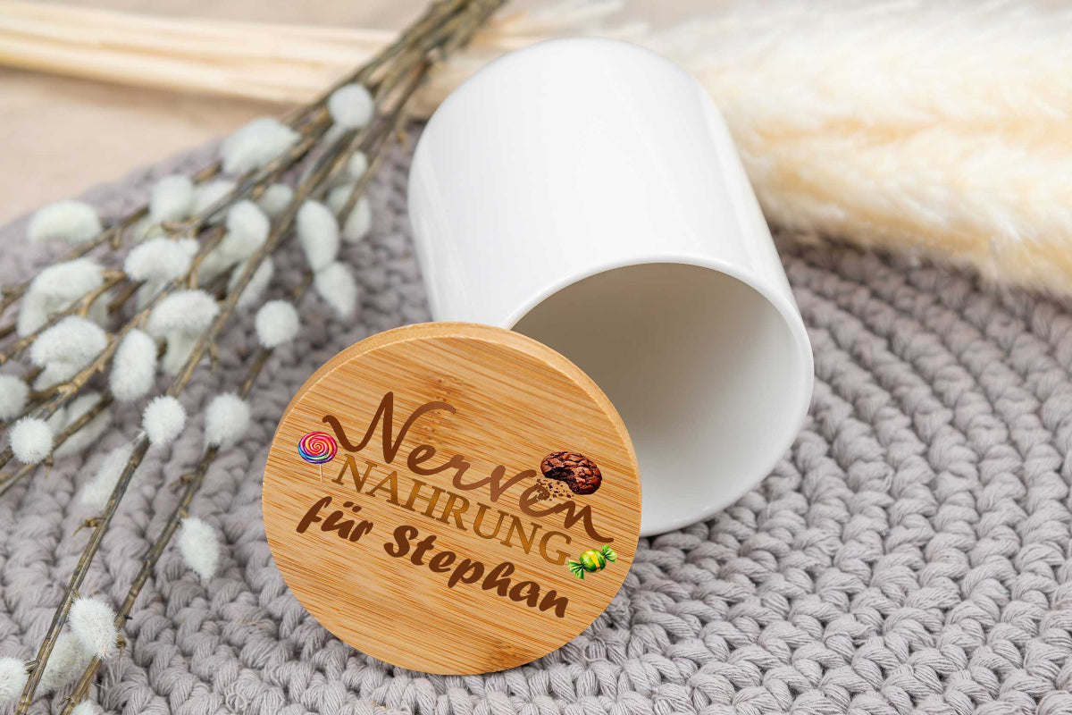 Keramikdose personalisiert mit Name und Holzdeckel - Vorratsglas, Keksdose