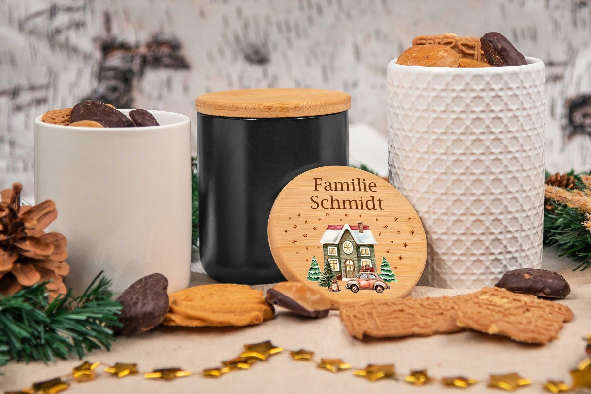 Personalisierte Keksdose mit Name und Holzdeckel - Vorratsglas