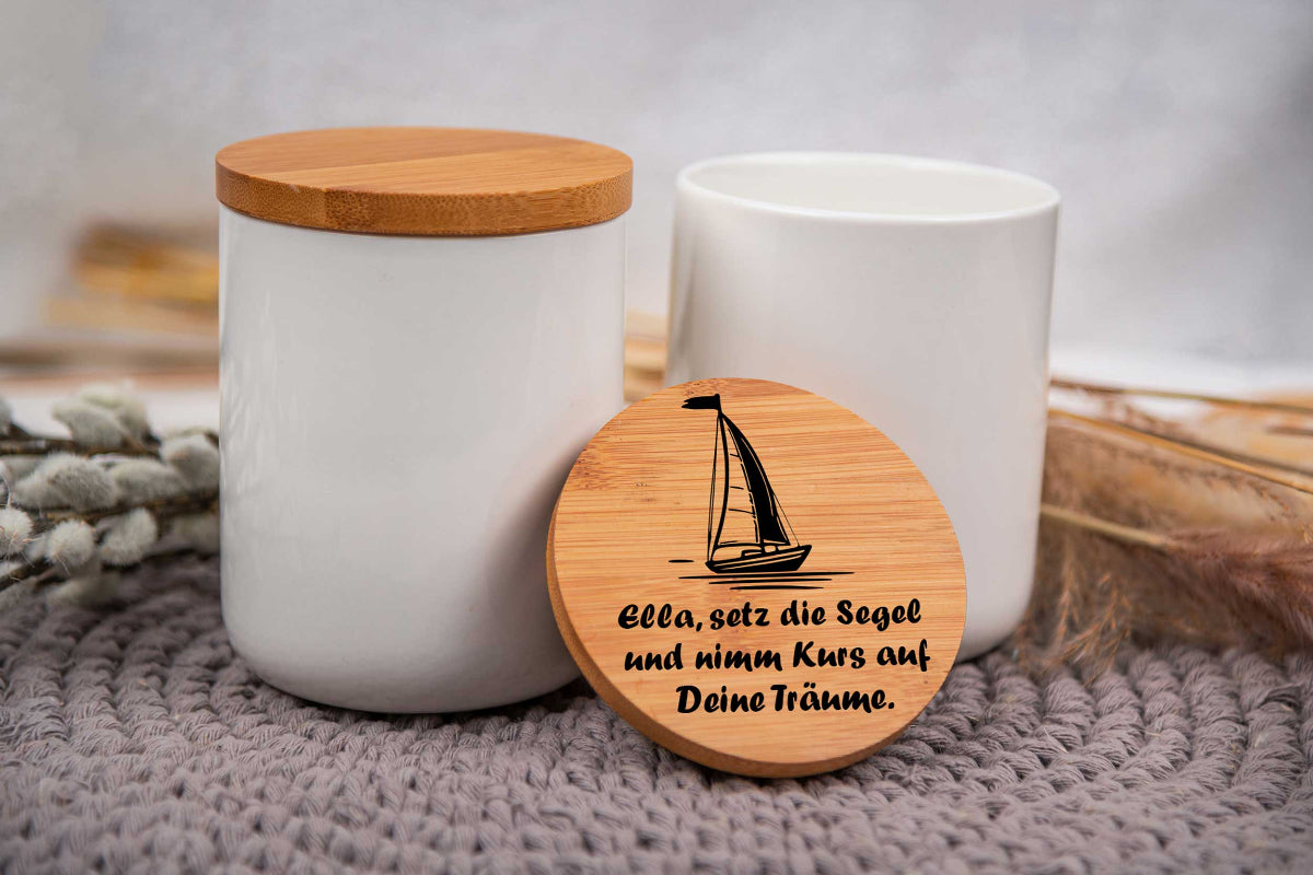 Keramikdose personalisiert mit Name und Holzdeckel - Vorratsglas
