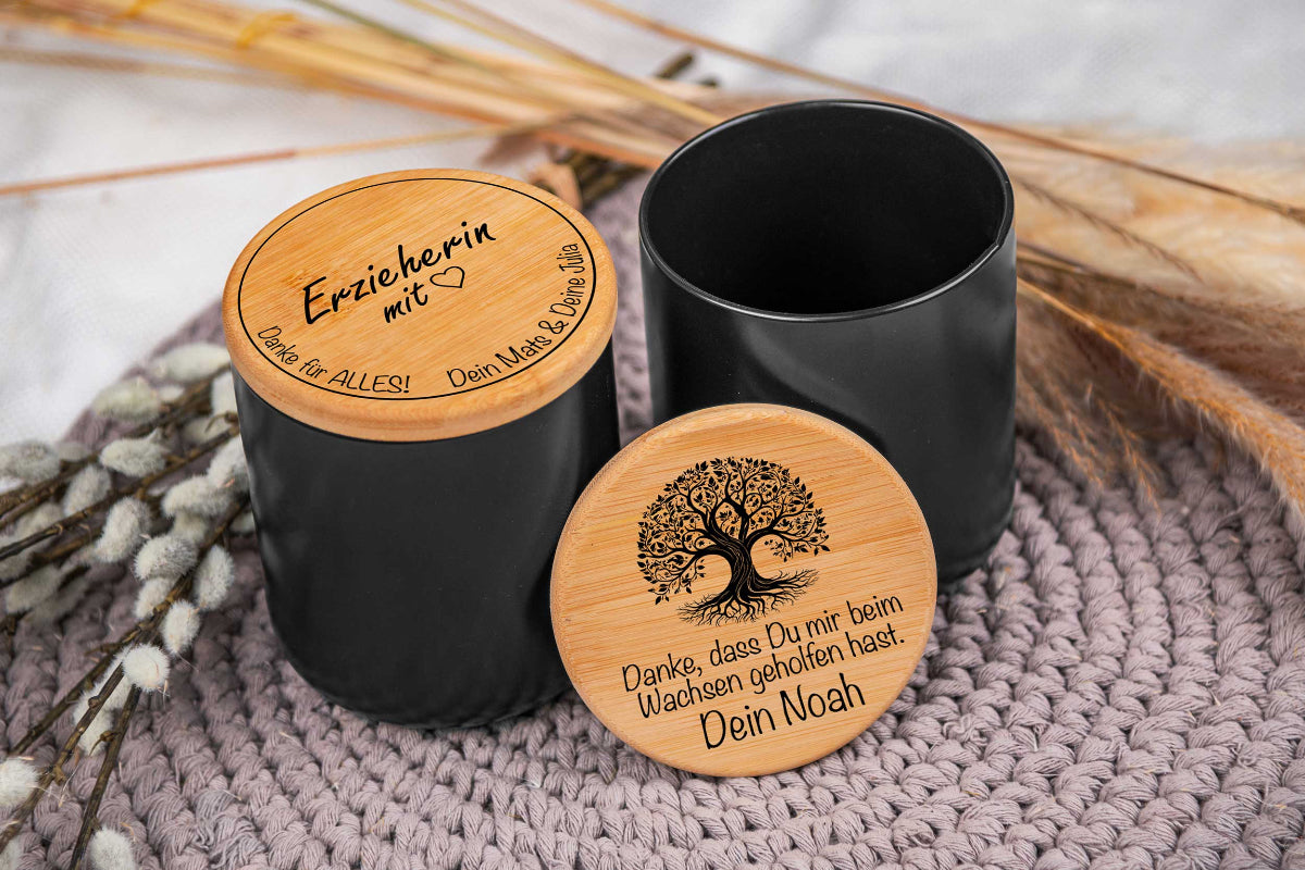Keramikdose personalisiert mit Name und Holzdeckel - Vorratsglas
