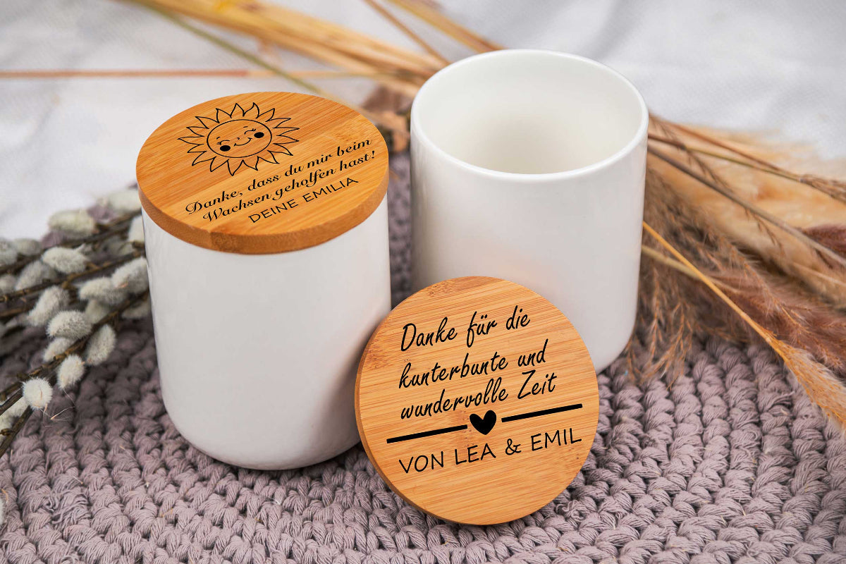 Keramikdose personalisiert mit Name und Holzdeckel - Vorratsglas
