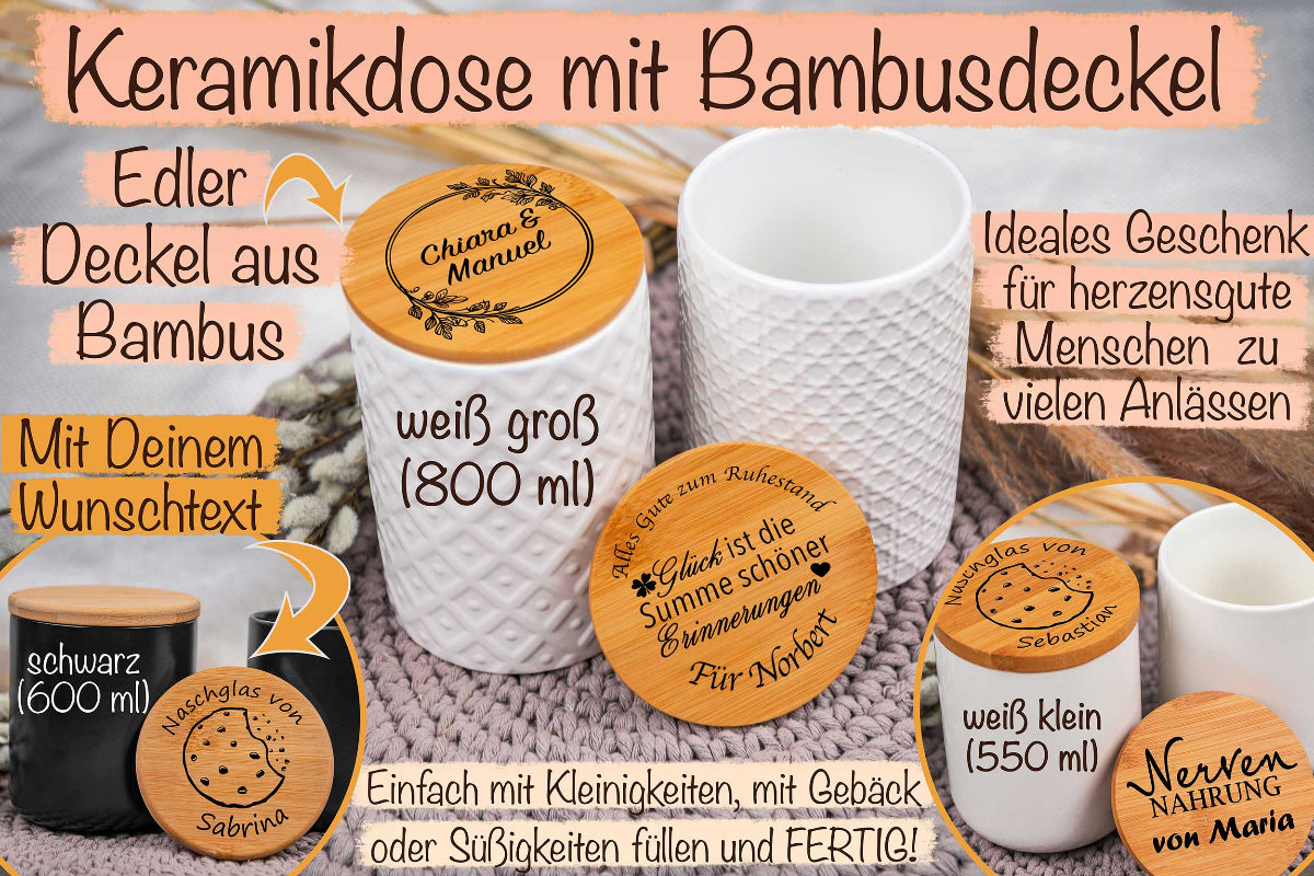 Keramikdose personalisiert mit Name und Holzdeckel - Vorratsglas