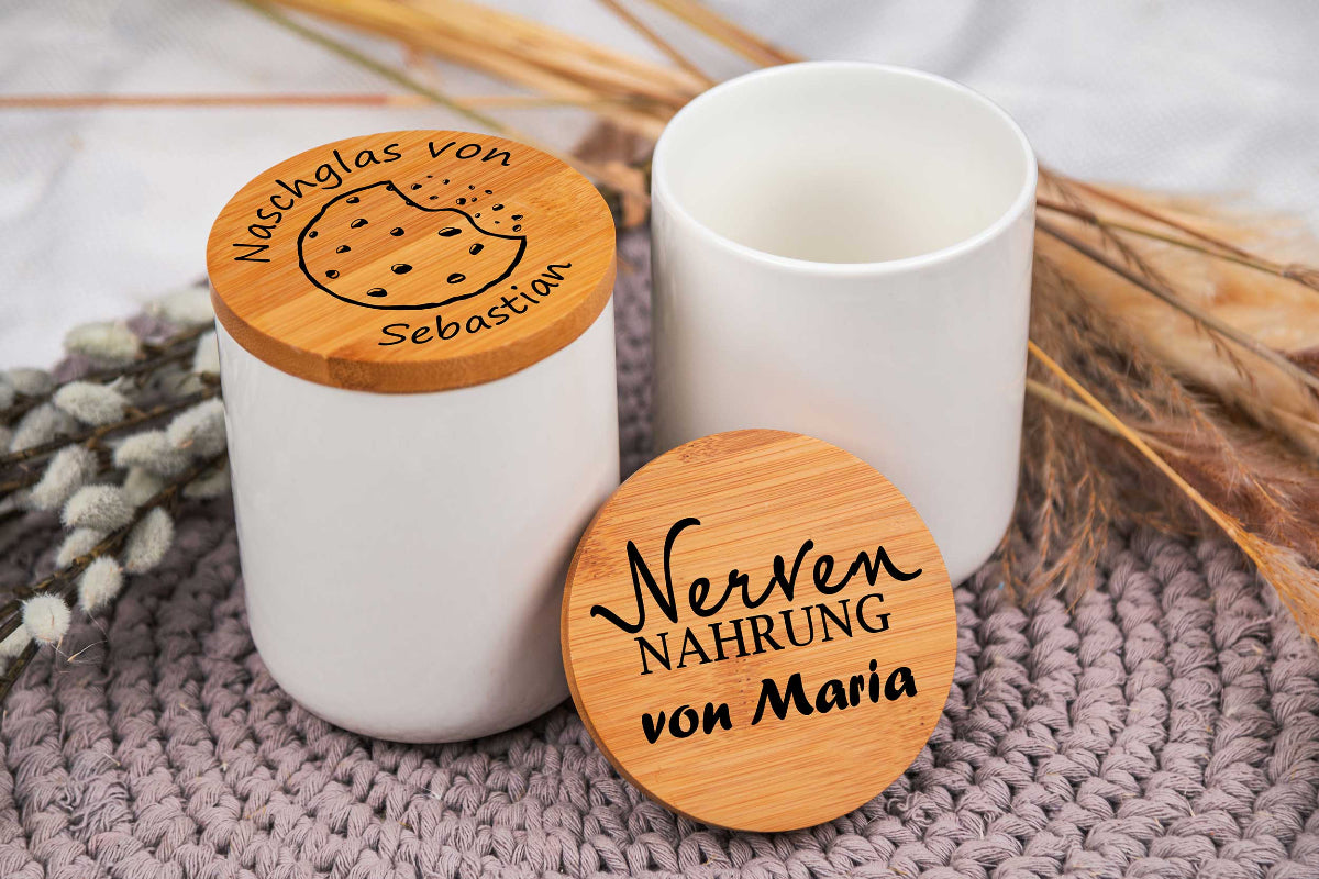 Keramikdose personalisiert mit Name und Holzdeckel - Vorratsglas