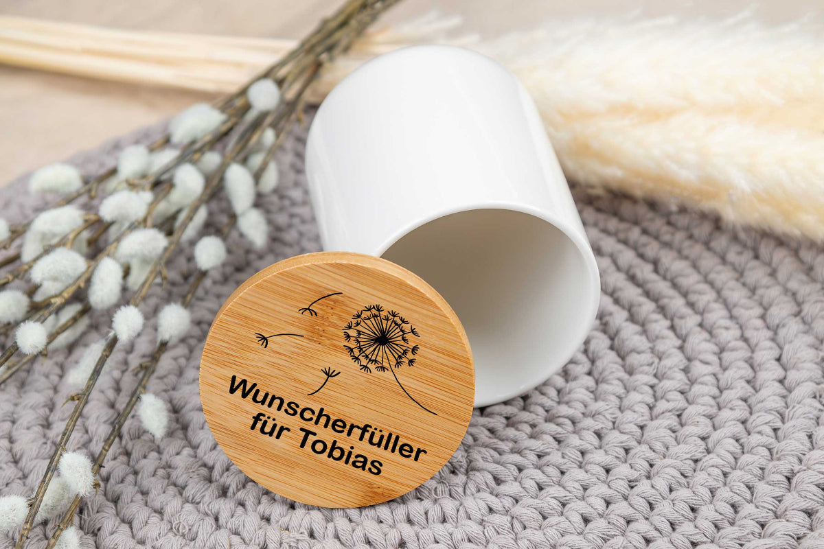 Keramikdose personalisiert mit Name und Holzdeckel • Vorratsglas