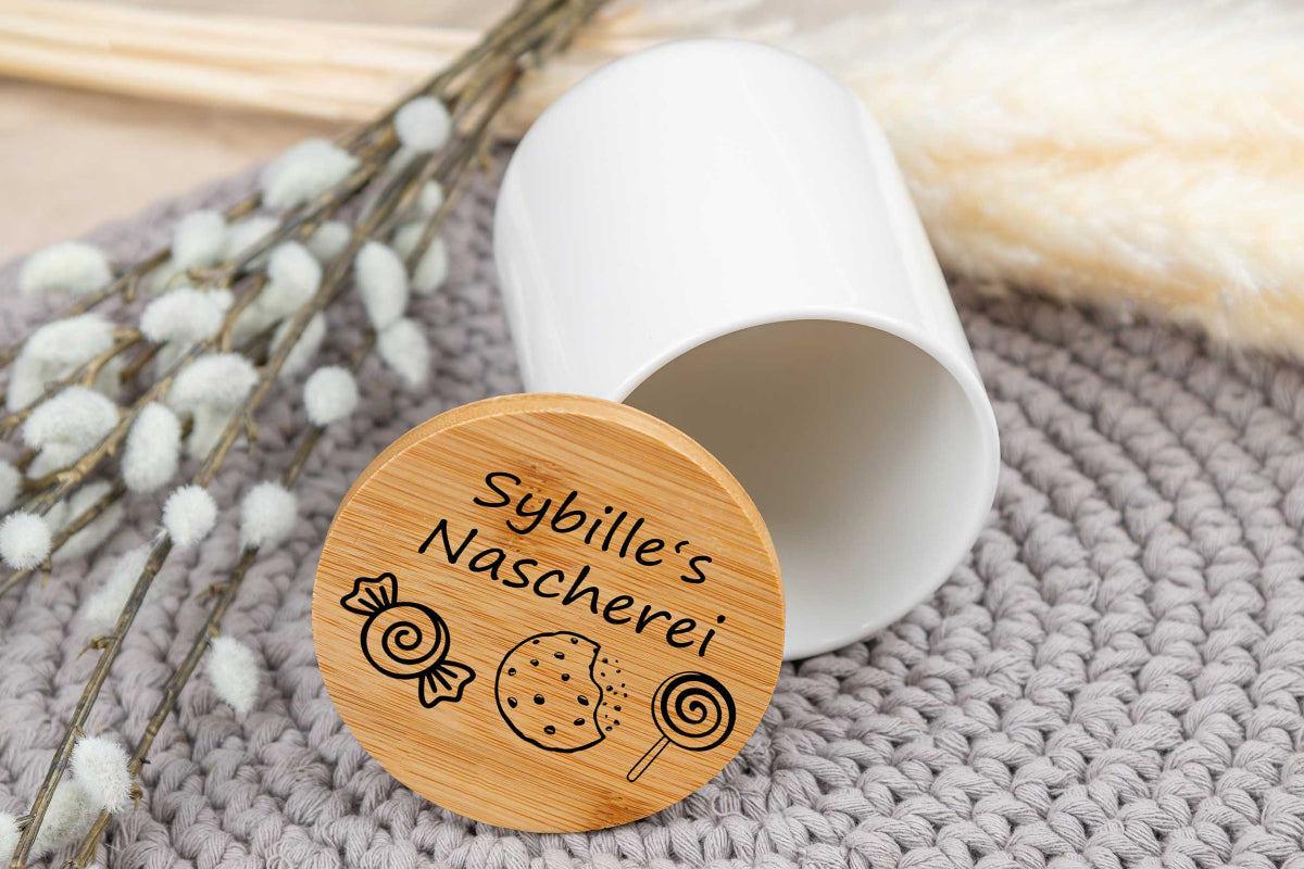 Keramikdose personalisiert mit Name und Holzdeckel - Vorratsglas