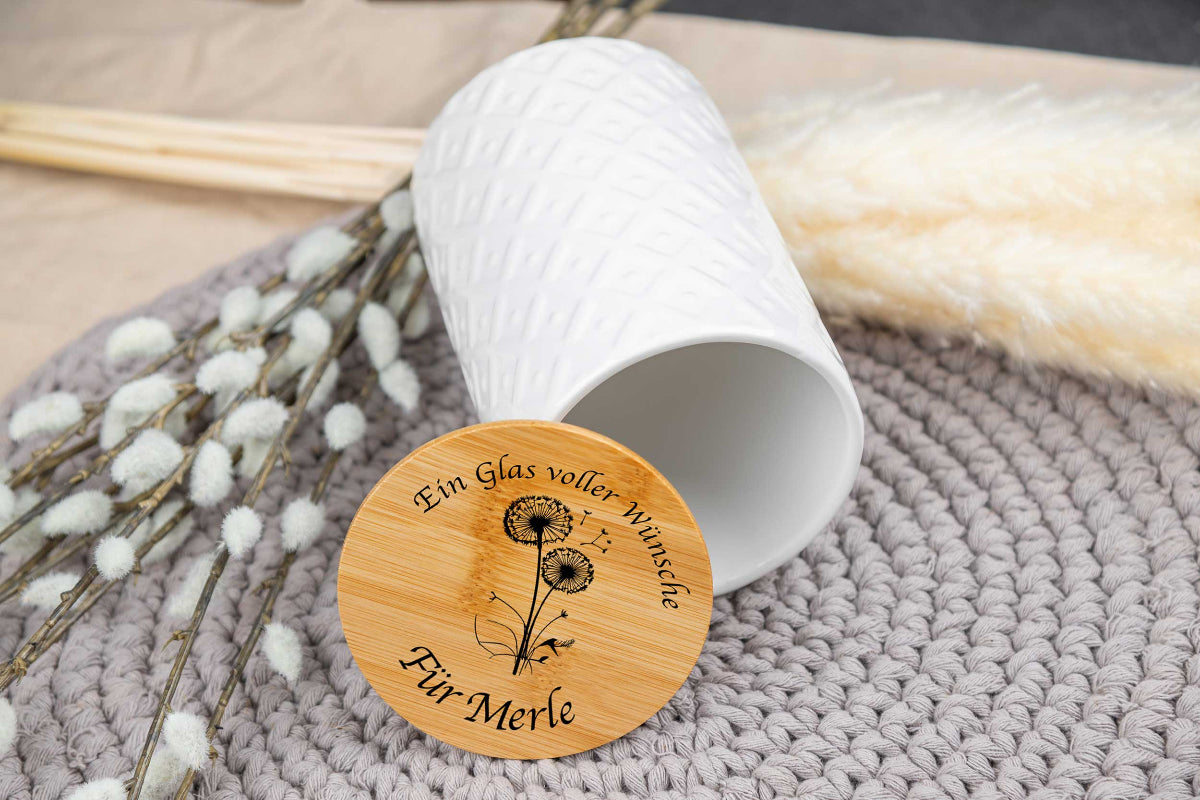 Keramikdose personalisiert mit Name und Holzdeckel - Vorratsglas