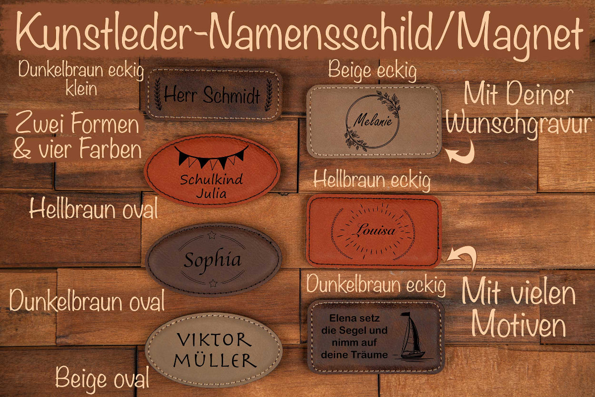 Namensschild Kunstleder mit Deiner Wunschgravur für Kleidung - Magnet personalisiert