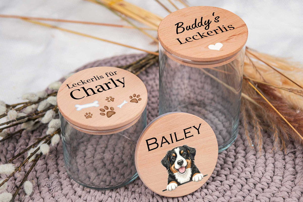 Leckerli Glas personalisiert mit Deinem Wunschtext für Hunde und Katzen