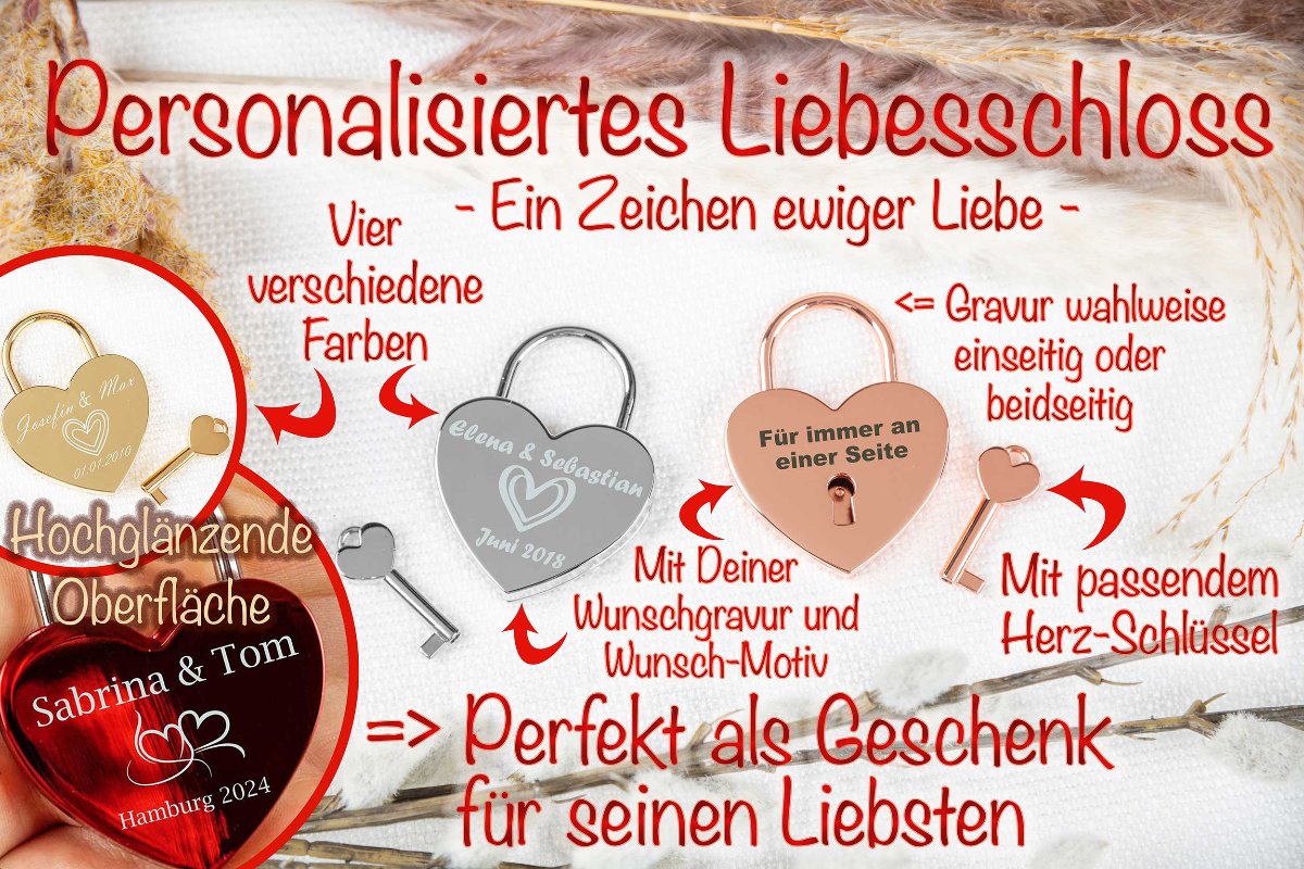 Liebesschloss mit Gravur personalisiert in Herzform in vier Farben