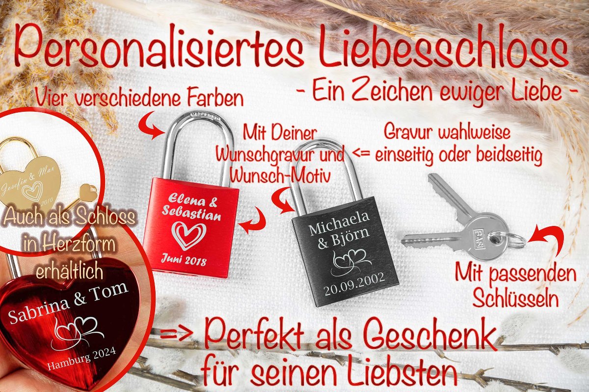Liebesschloss mit Gravur personalisiert in vier Farben