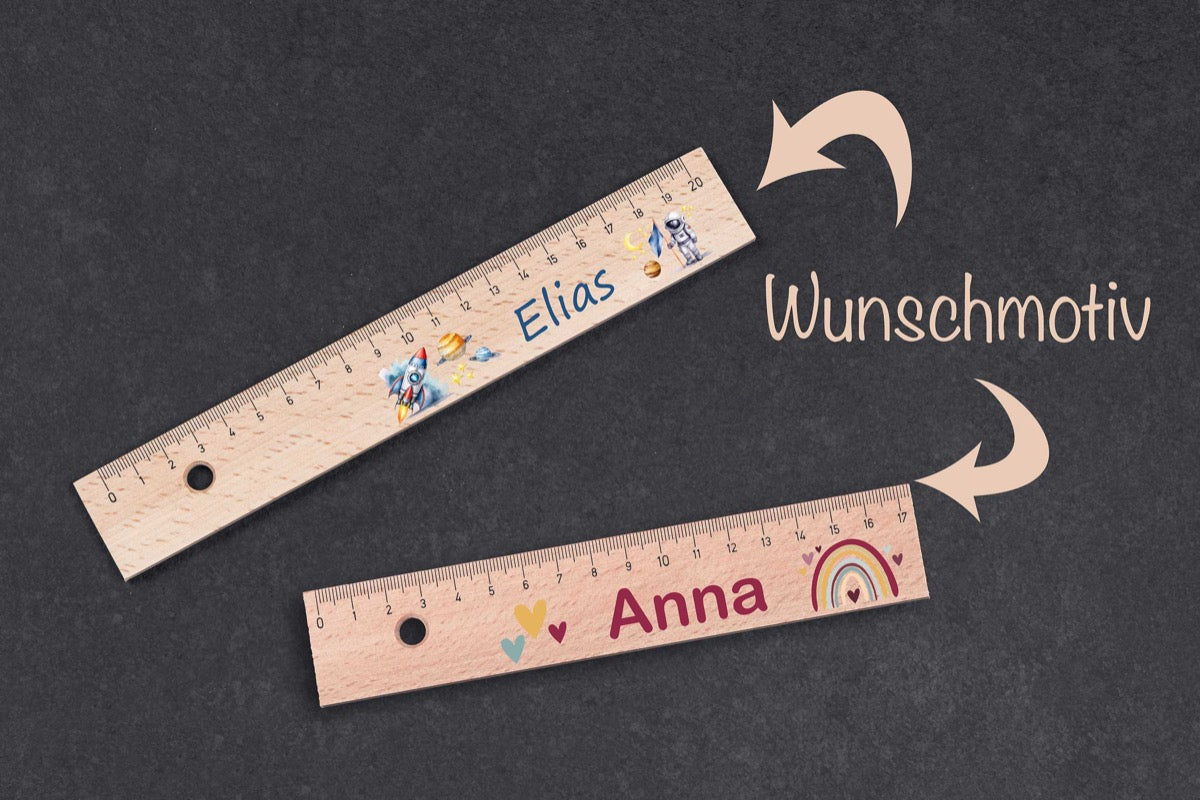 Lineal mit Wunschname aus Holz und vielen Motiven