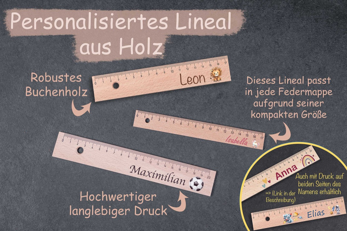 Lineal personalisiert mit Wunschname aus Holz und vielen Motiven