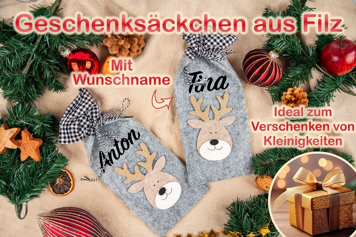 Weihnachtssäckchen mit Namen und Rentier aus Filz personalisiert