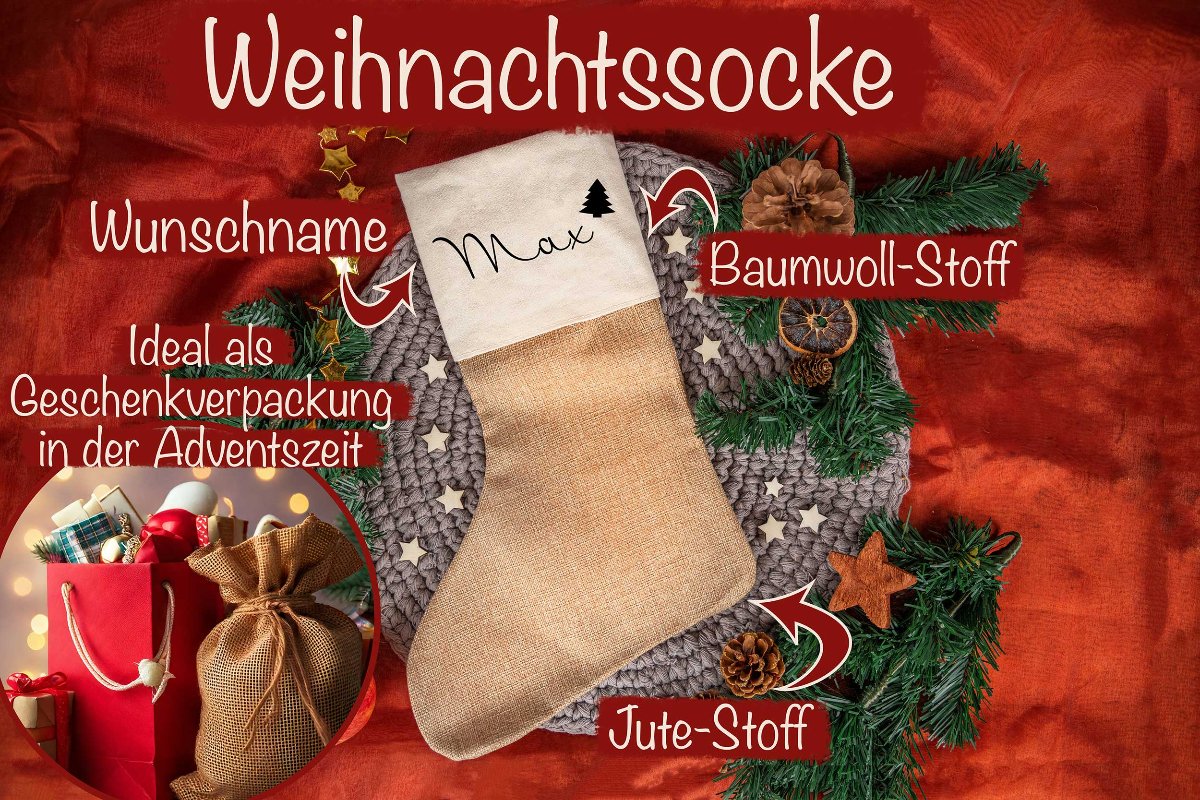Nikolausstiefel personalisiert mit Namen aus Jute • Weihnachtssocke