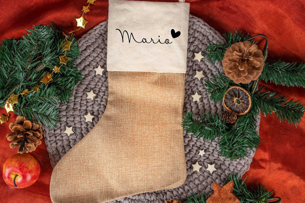 Nikolausstiefel personalisiert mit Namen aus Jute • Weihnachtssocke