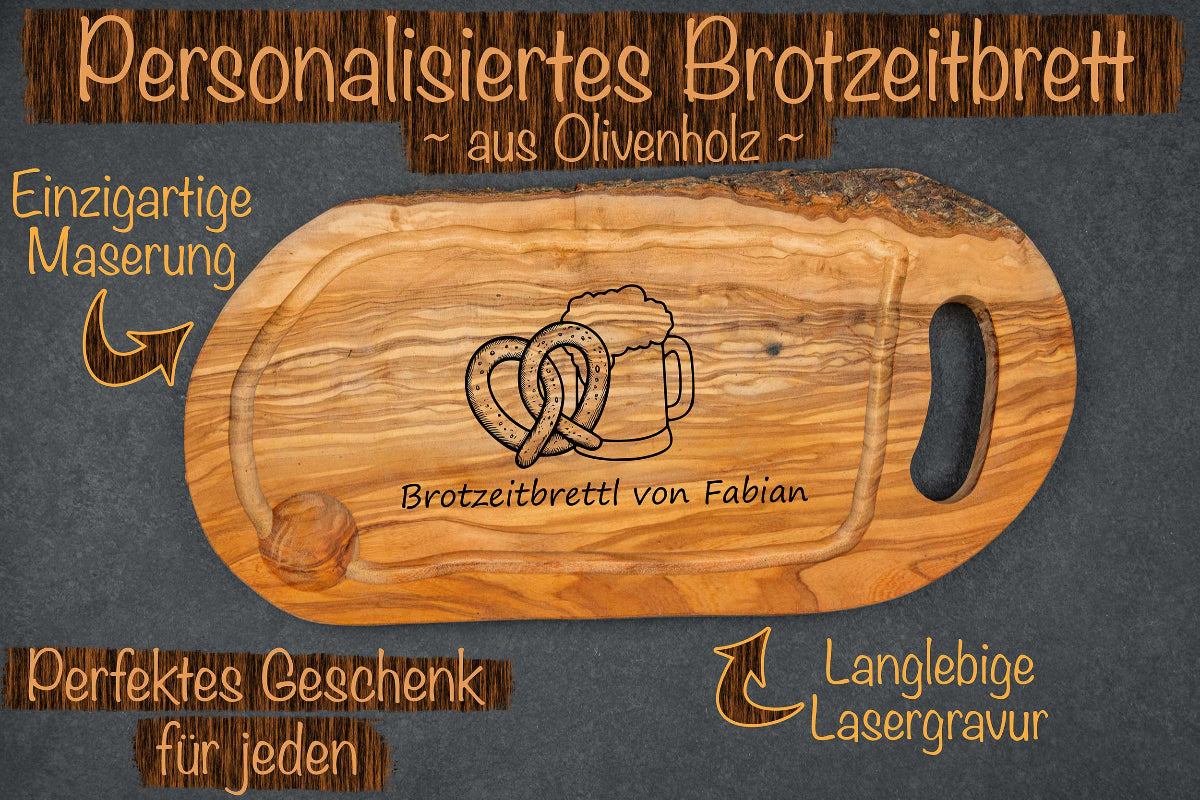 Brotzeitbrett aus Olivenholz mit vielen Motiven und Wunschgravur - Schneidebrett