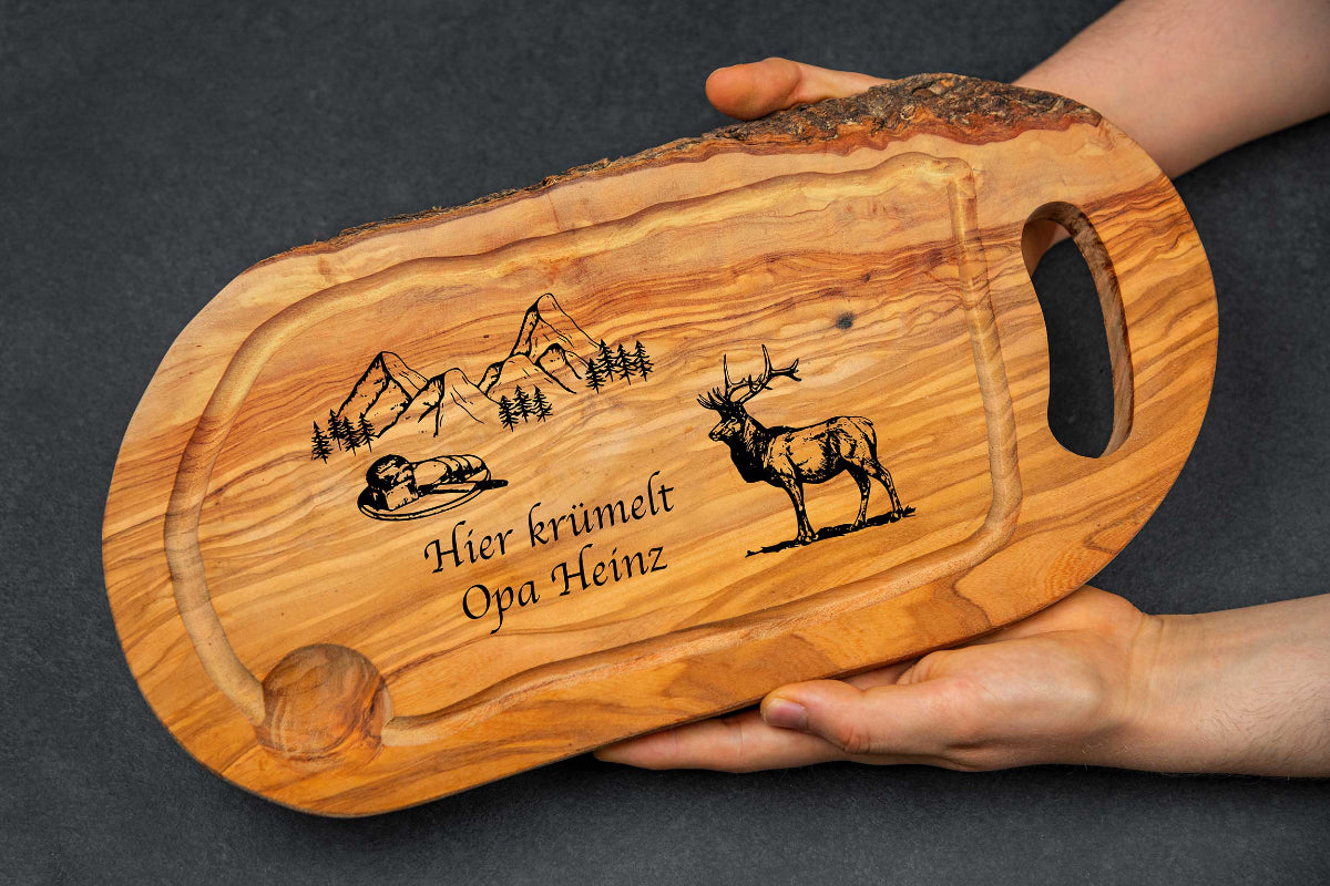 Brotzeitbrett aus Olivenholz mit vielen Motiven und Wunschgravur - Schneidebrett