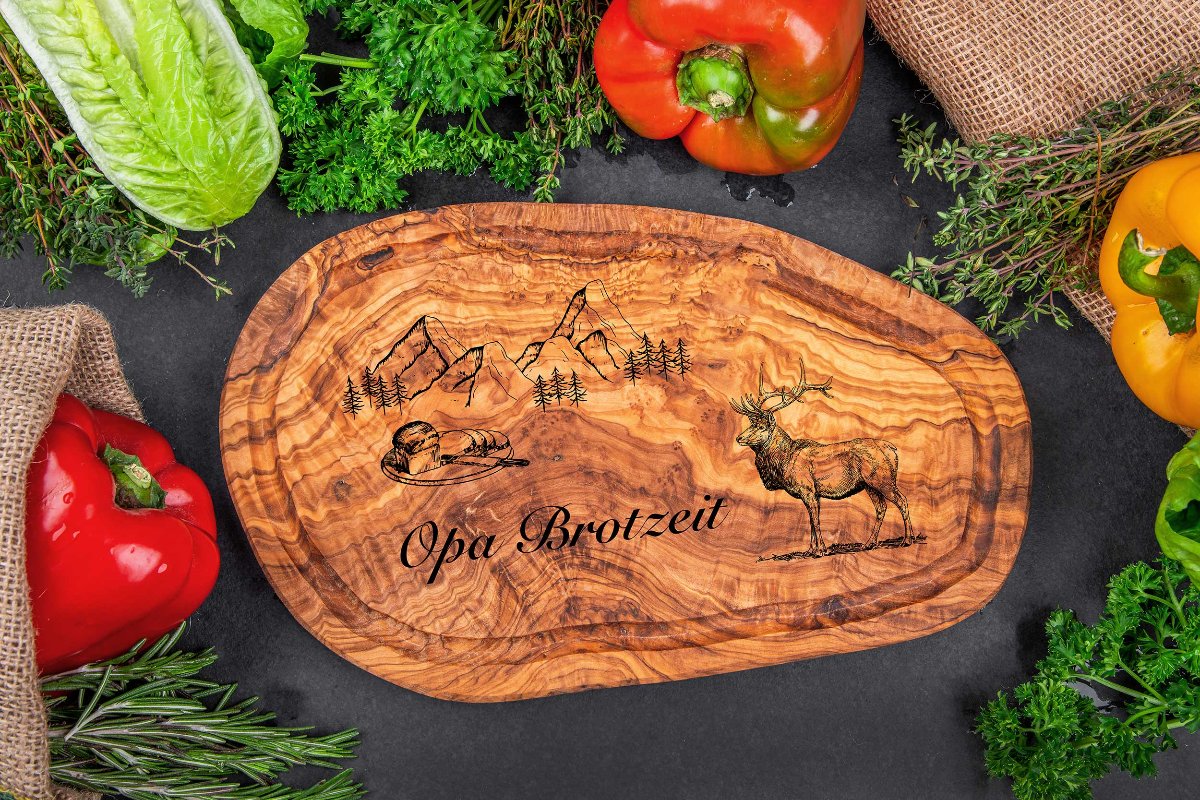 Brotzeitbrett Olivenholz mit vielen Motiven und Wunschgravur - Schneidebrett