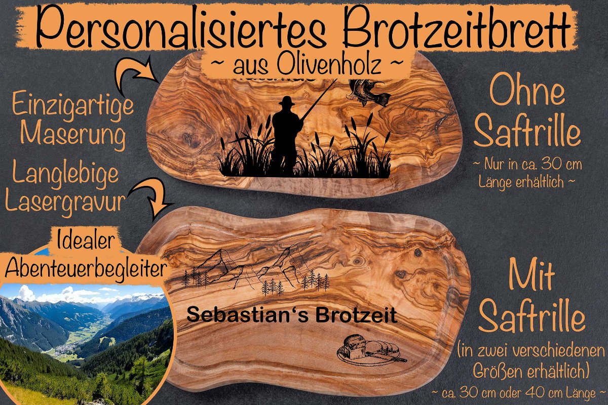 Brotzeitbrett Olivenholz mit vielen Motiven und Wunschgravur - Schneidebrett