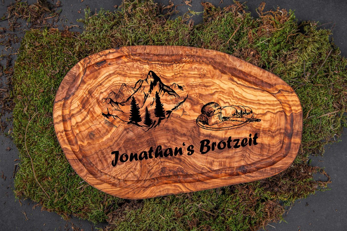 Brotzeitbrett Olivenholz mit vielen Motiven und Wunschgravur - Schneidebrett