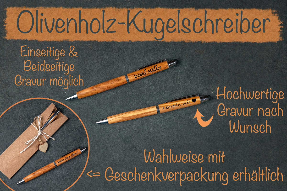 Olivenholz-Kugelschreiber mit Namen personalisiert