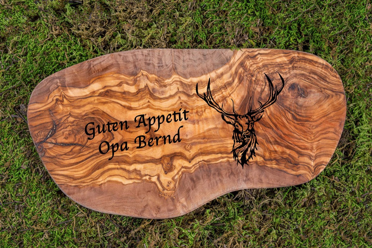 Olivenholz Schneidebrett mit vielen Motiven und Wunschgravur