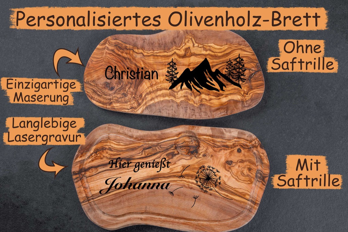 Olivenholz Schneidebrett mit vielen Motiven und Wunschgravur