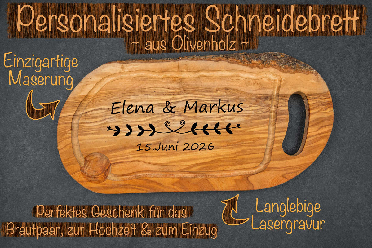 Schneidebrett aus Olivenholz mit vielen Motiven und Wunschgravur - Hochzeitsgeschenk