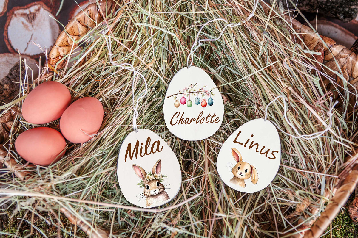 Osteranhänger personalisiert mit Name - Osterkörbchen mit Anhänger - Osterdeko aus Holz