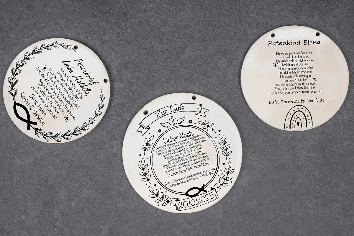 Holzschild personalisiert passend als Patenbrief zur Taufe