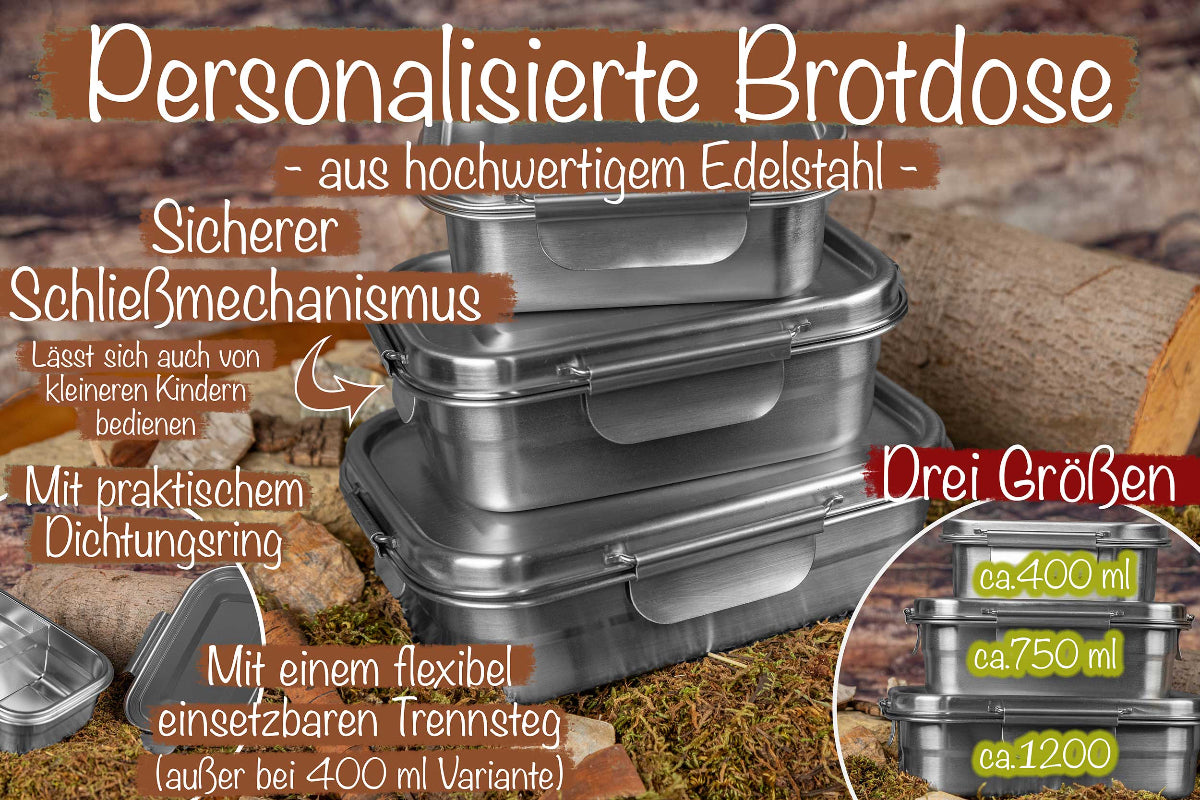 Premium Edelstahl Brotdose personalisiert in drei Größen mit Tiermotiven