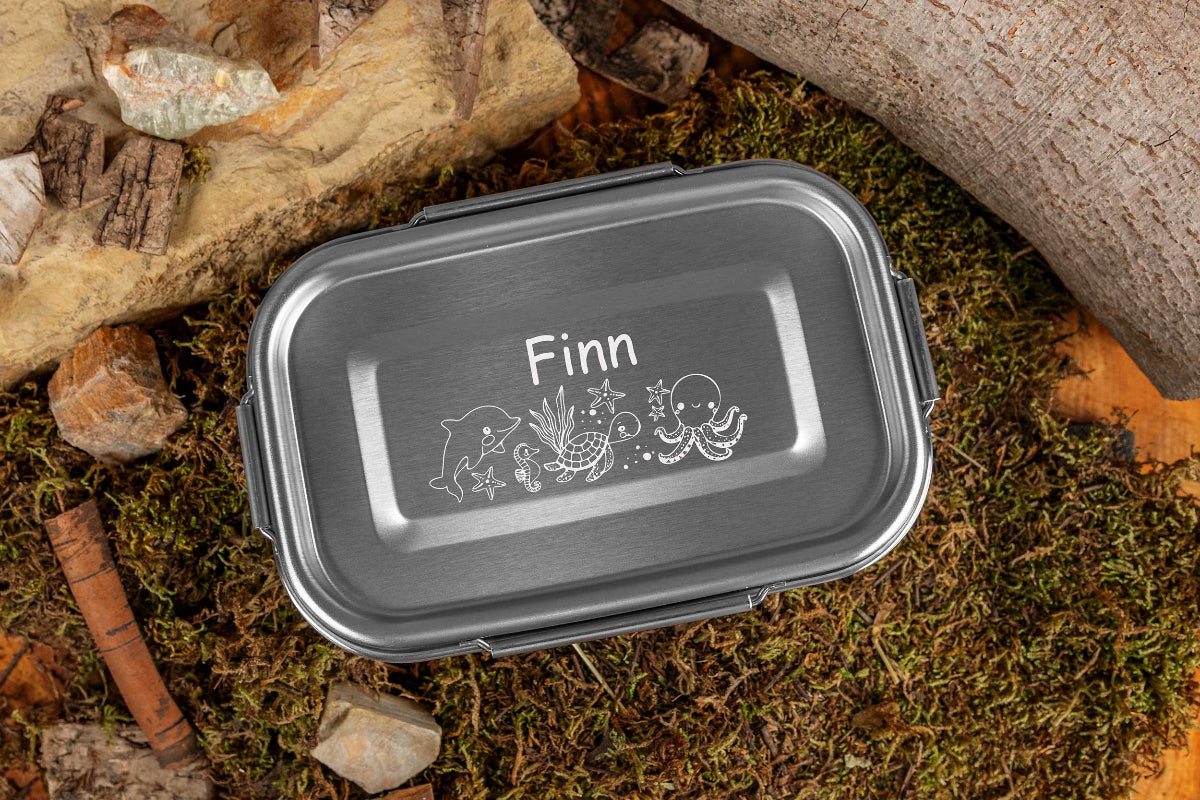 Premium Edelstahl Brotdose personalisiert in drei Größen mit Tiermotiven
