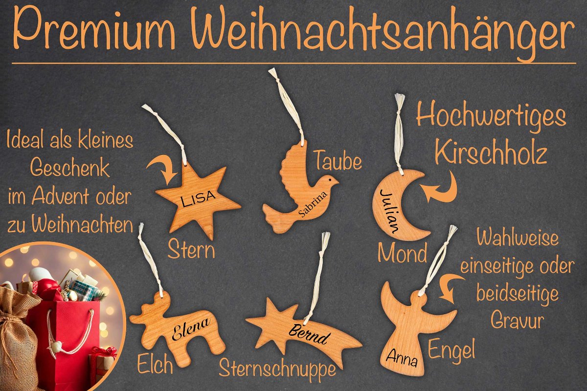 Premium Christbaumschmuck mit Namen personalisiert aus Kirschholz