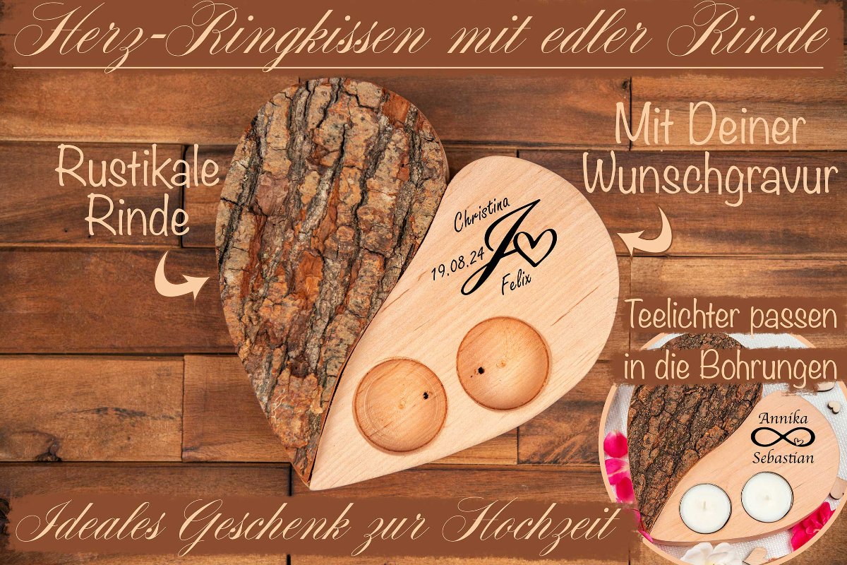 Ringkissen Holz Herz personalisiert mit Gravur