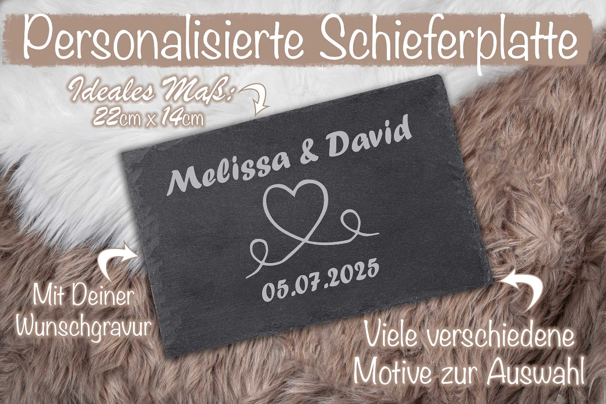 Schieferplatte mit Deinem Wunschtext und Liebesmotiven