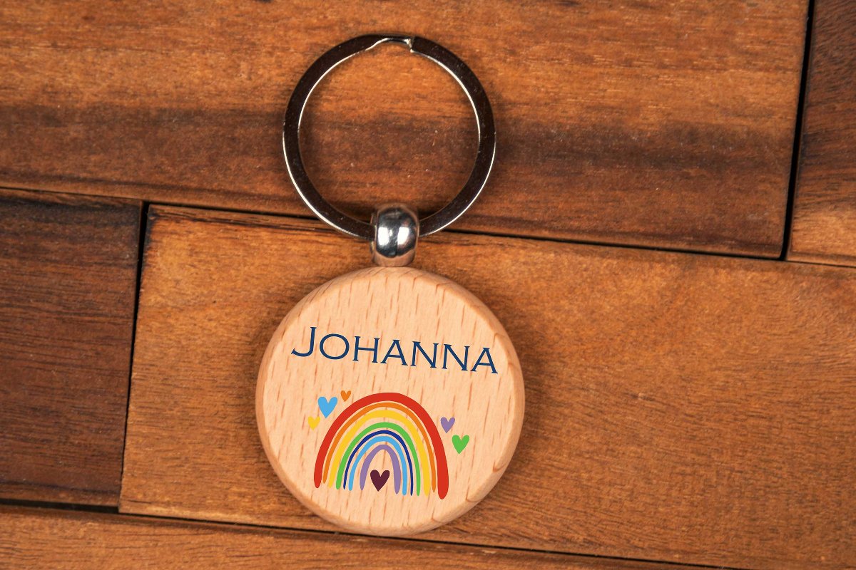 Personalisierter Schlüsselanhänger mit Wunschtext rund bunt