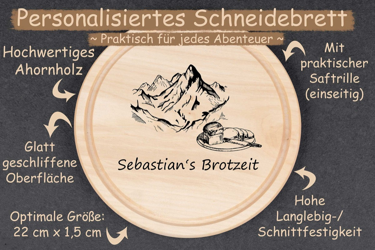 Personalisiertes Brotzeitbrett mit Namen mit Bergen und Brot