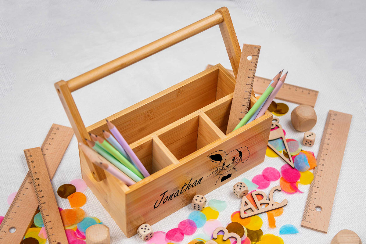 Stiftehalter personalisiert aus Bambus ideal zur Einschulung oder zum Schulanfang