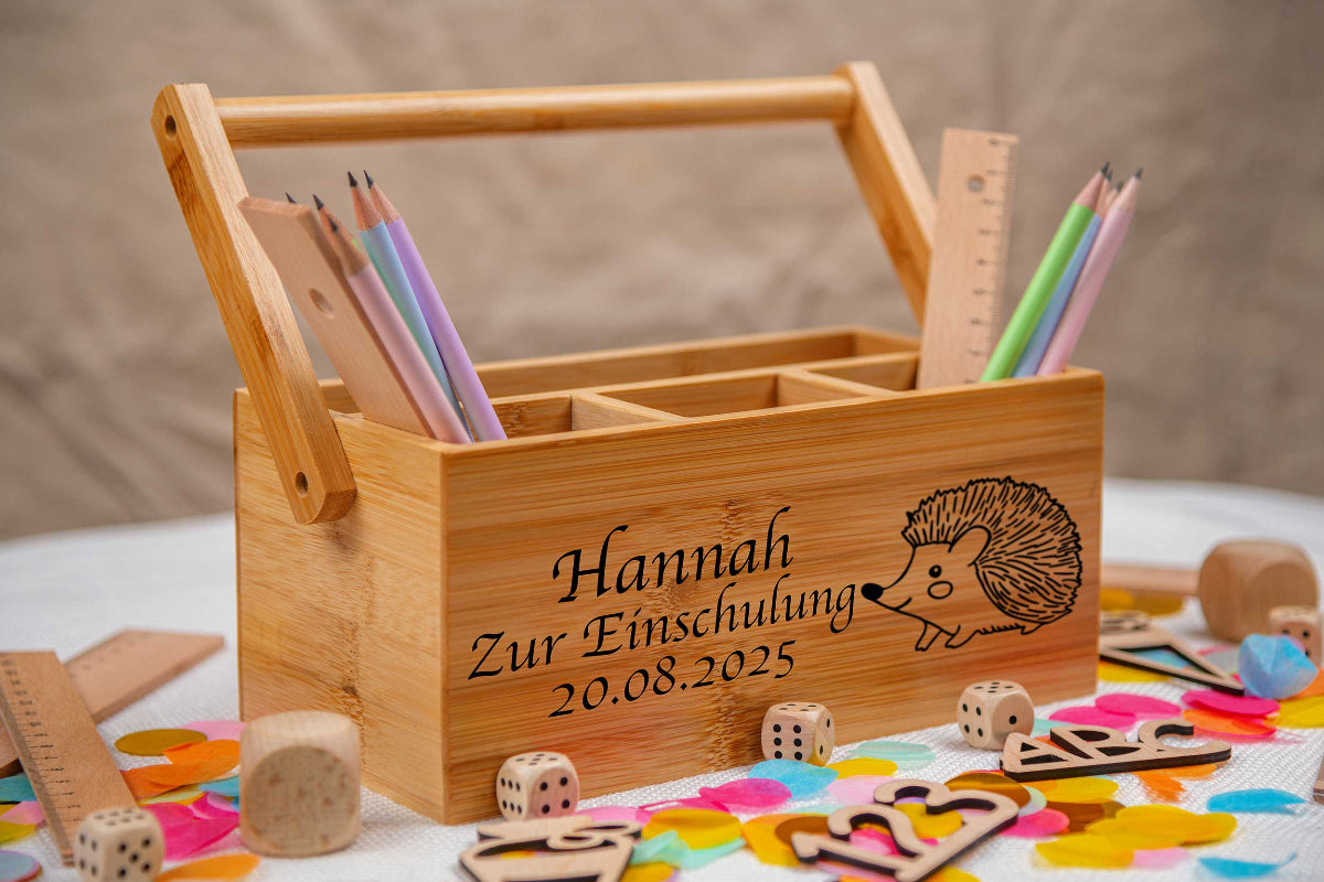 Stiftehalter personalisiert aus Bambus ideal zur Einschulung oder zum Schulanfang