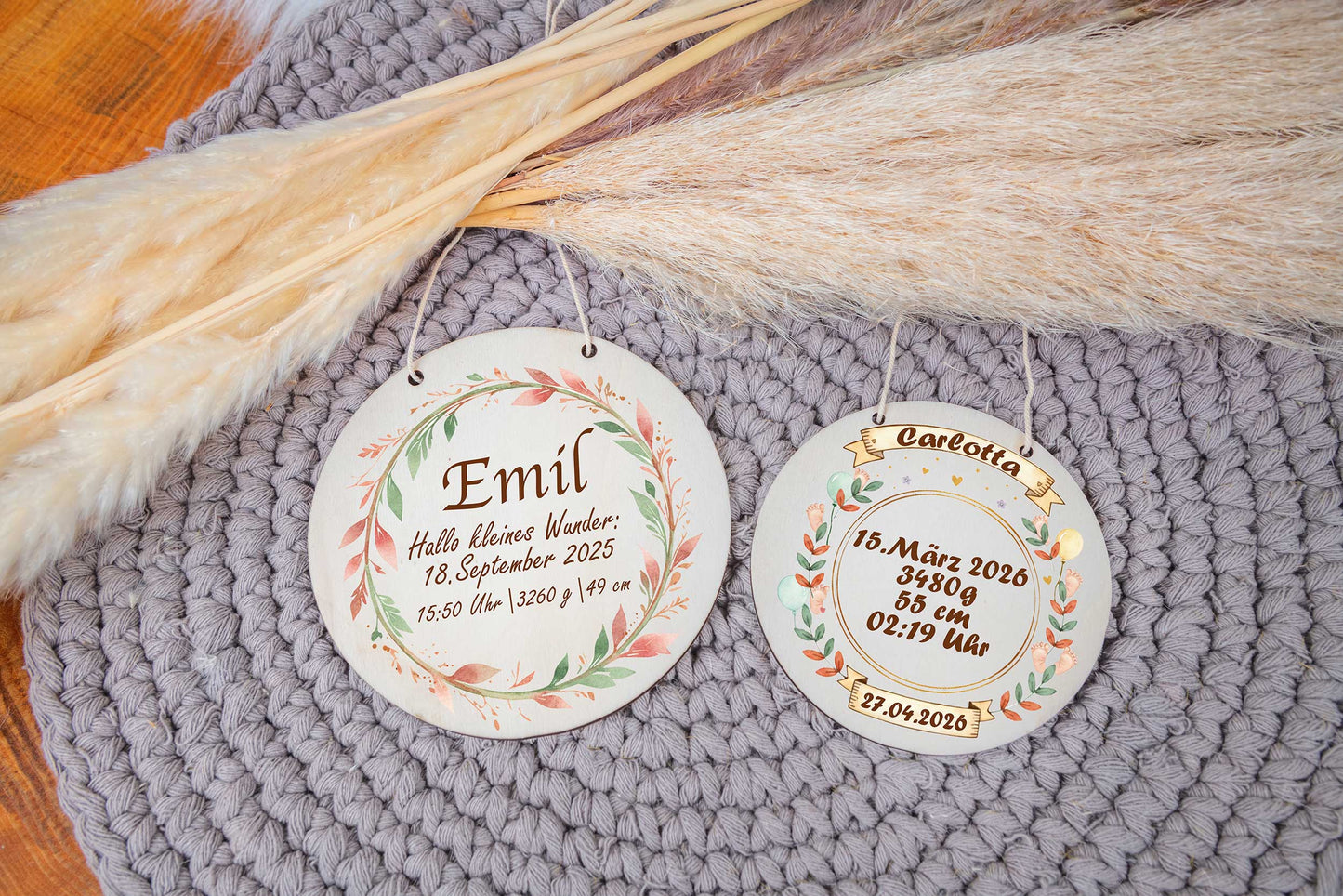 Namensschild mit Geburtsdaten aus Holz personalisiert