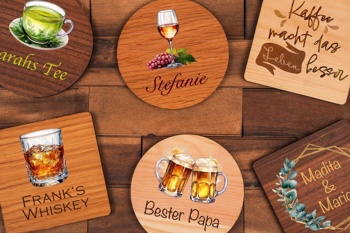 Untersetzer personalisiert aus Holz bunt - Getränkeuntersetzer