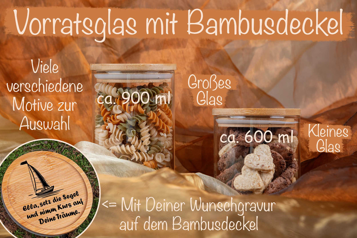 Personalisiertes Vorratsglas mit Gravur und Bambusdeckel - Keksdose