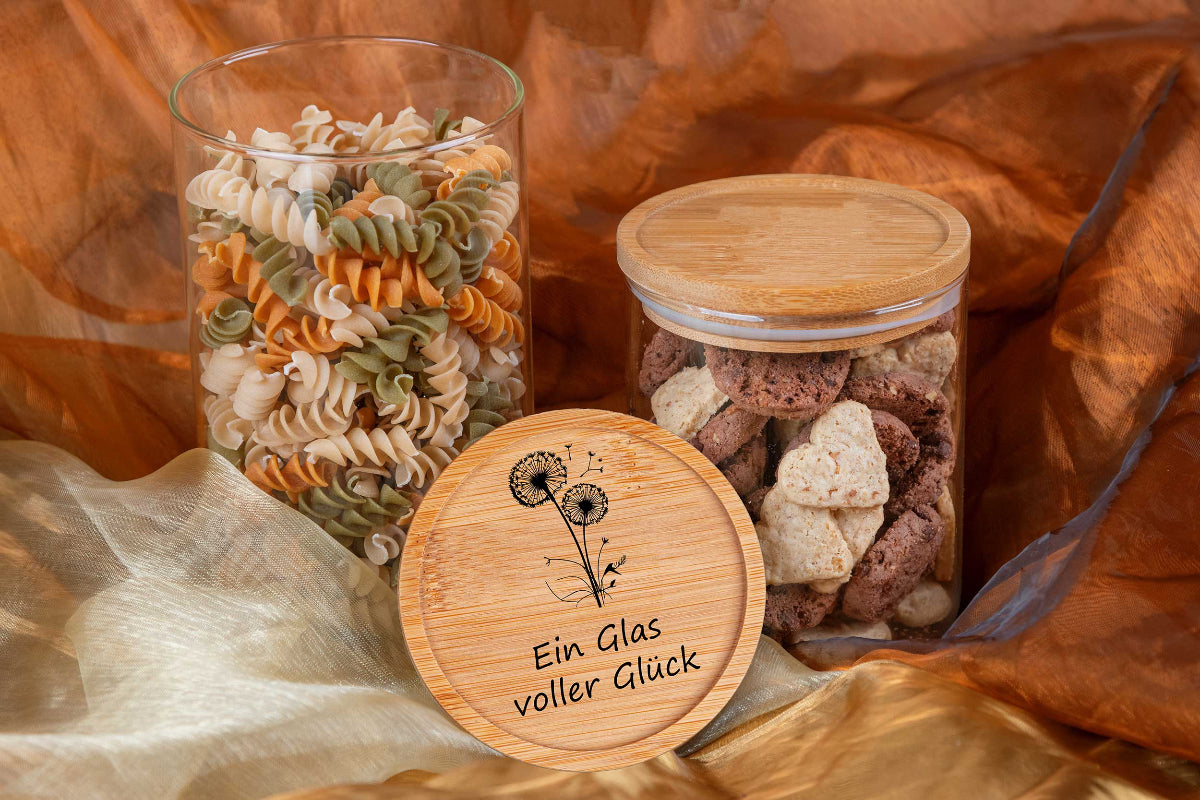 Personalisiertes Vorratsglas mit Gravur und Bambusdeckel - Keksdose