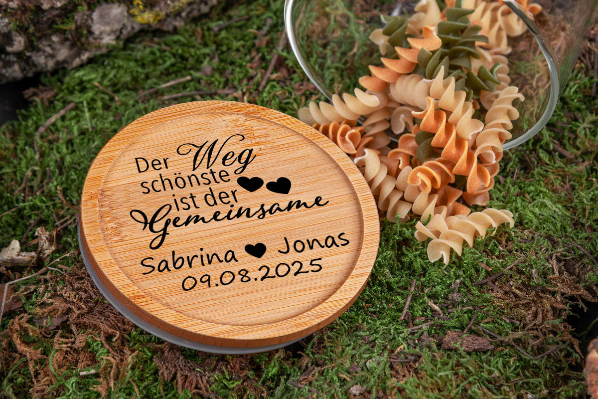 Personalisiertes Vorratsglas mit Gravur und Bambusdeckel - Keksdose